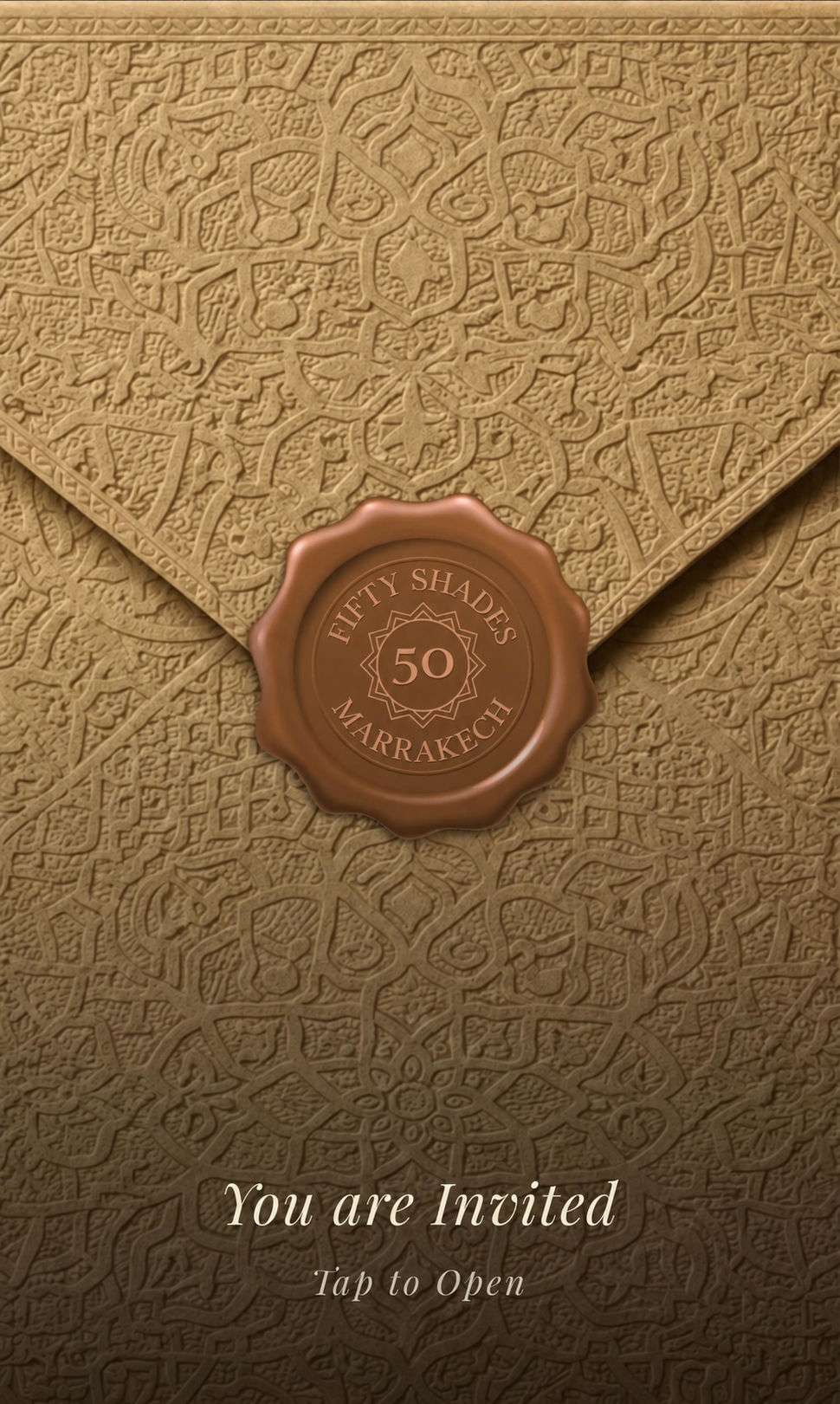 Embossed Moroccan invitation envelope with a Fifty Shades 50 Marrakech wax seal